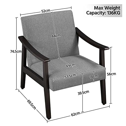 Gray cushioned armchair with wooden frame, dimensions labeled.