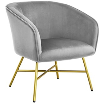 Gray velvet accent chair with gold metal legs.