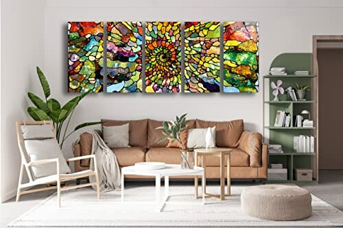 Colorful abstract mosaic wall art in modern living room