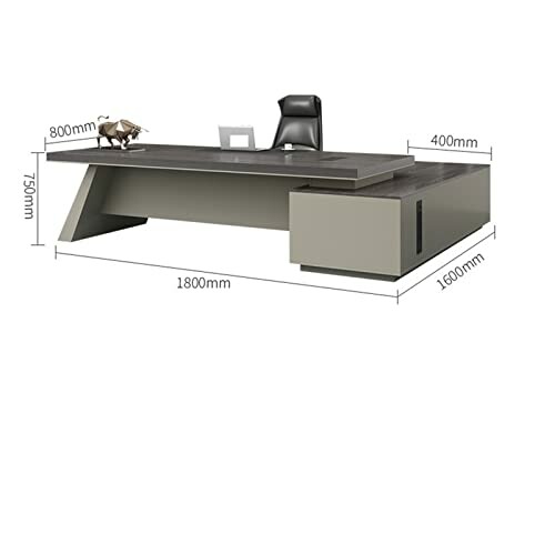 Modern office desk with chair and decorative bull, showing dimensions.