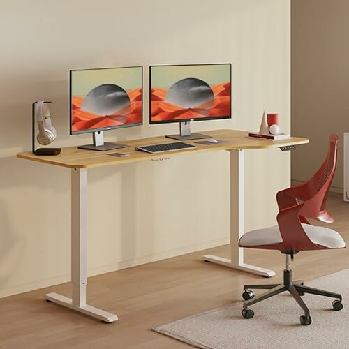 Modern desk setup with dual monitors, ergonomic chair, and minimalist decor.