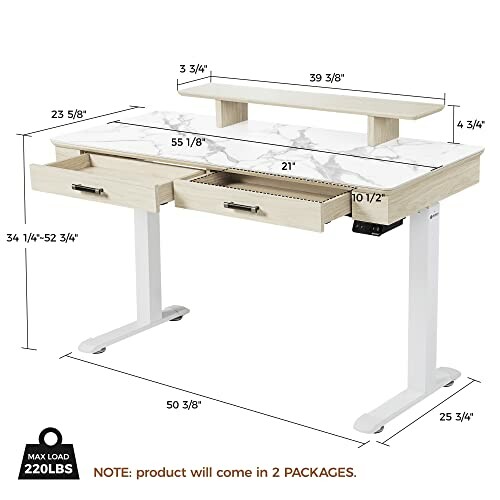 Adjustable standing desk with storage drawers and shelves, max load 220lbs.