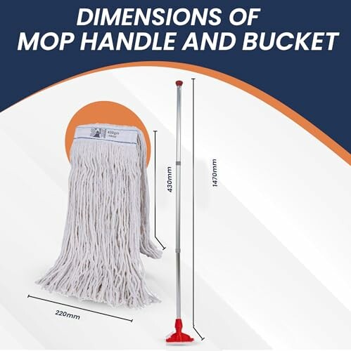 Dimensions of mop handle and bucket with measurements.