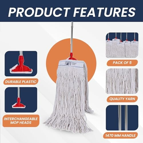 Mop with durable plastic, interchangeable heads, and quality yarn.