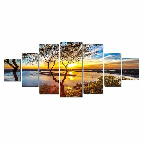 Multi-panel wall art of a sunset over a lake with trees.