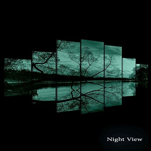 Multi-panel artwork of trees reflected on water at night