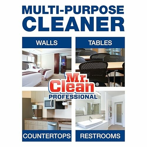 Advertisement for multi-purpose cleaner with images of walls, tables, countertops, and restrooms.