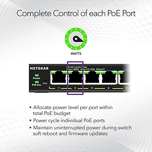 NETGEAR PoE switch features for port control and power management.