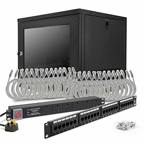 A network cabinet with cables and accessories including a power strip and patch panel.