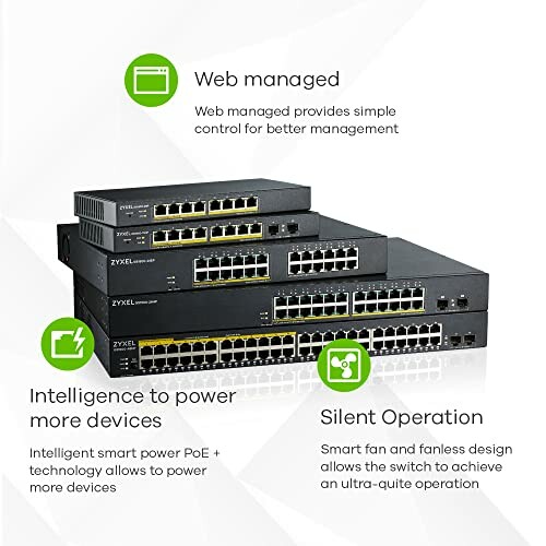 Stack of Zyxel network switches with features highlighted.