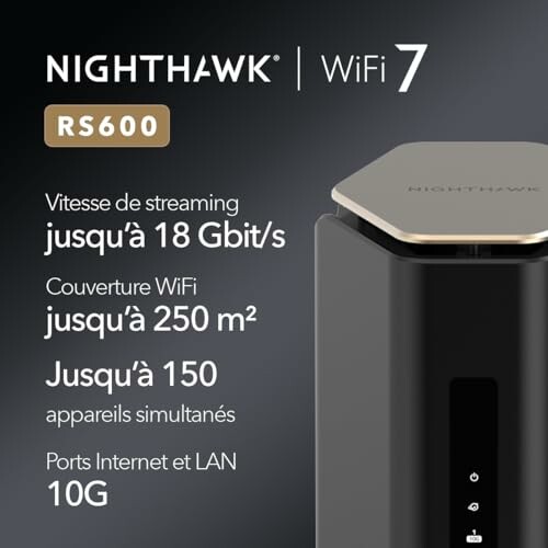 NETGEAR Nighthawk Tri-band WiFi 7 Router with specs: up to 18 Gbit/s, 250 m² coverage, supports 150 devices, 10G ports.