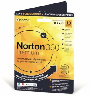 Norton 360 Premium 15-month subscription card for 10 devices.