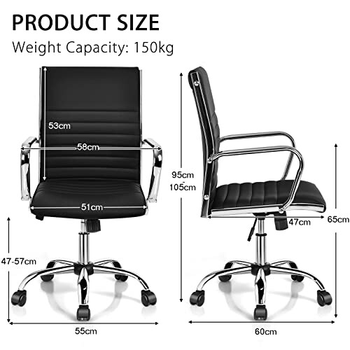 Black office chair with weight capacity of 150kg, adjustable height, and dimensions labeled.