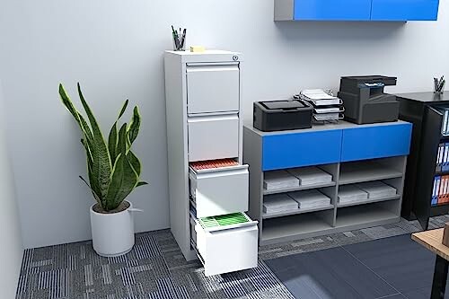 Office corner with filing cabinet, printers, and a plant.