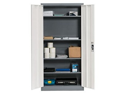 Open office cabinet with shelves holding various items.