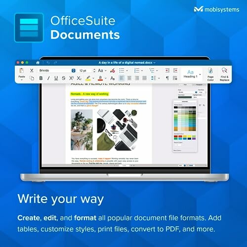 OfficeSuite Documents software advertisement with laptop displaying a document.