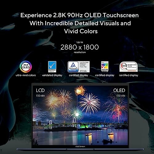 OLED vs LCD display comparison with fireworks on screen.