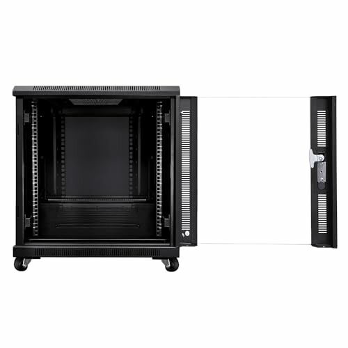 Open black server rack cabinet with glass door.