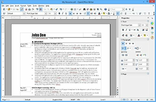 OpenOffice Writer displaying a resume document.