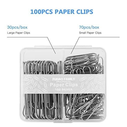 Box of 100 silver paper clips with large and small sizes.