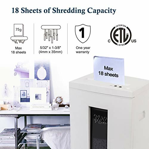 Paper shredder with 18 sheets capacity and warranty details.