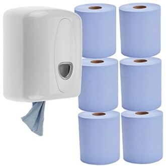 White paper towel dispenser with six blue paper towel rolls.