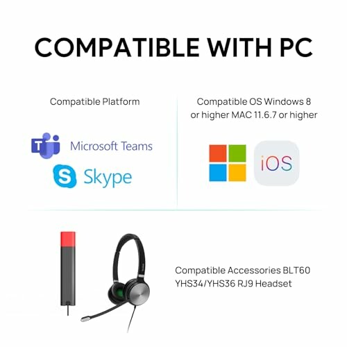 PC compatibility with platforms and accessories including Microsoft Teams, Skype, and headsets.