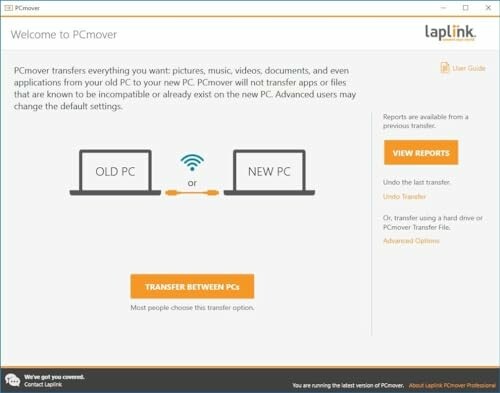 PCmover software interface for transferring data between old and new PCs.