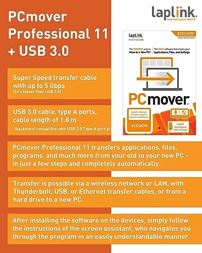 Laplink PCmover Professional 11 with USB 3.0 cable for fast data transfer.