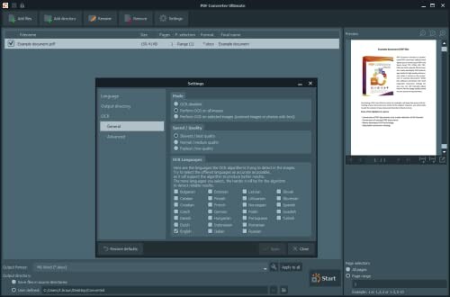 PDF converter software settings window with preview panel.