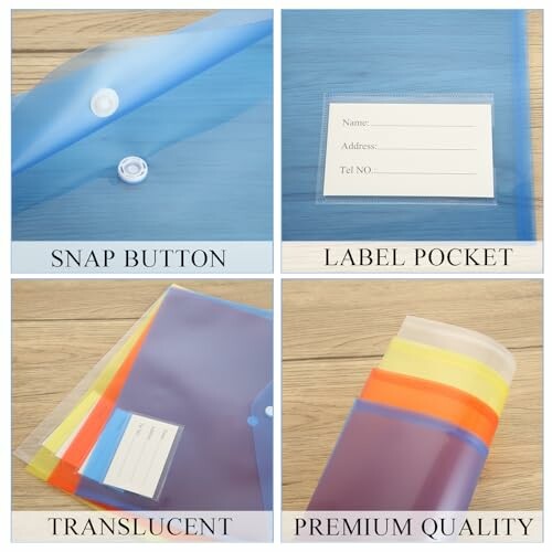 Various plastic file folders with snap button, label pocket, translucent design, and premium quality.