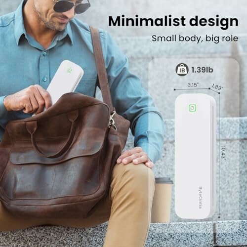 Man placing a minimalist power bank into a leather bag, with product dimensions and weight displayed.