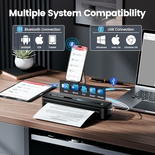 Portable scanner on desk with phone and tablet, showing multiple system compatibility via Bluetooth and USB connections.