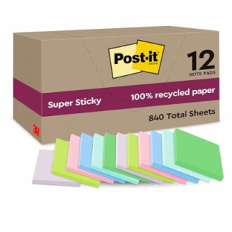 Box of Post-it Super Sticky notes with colorful pads.