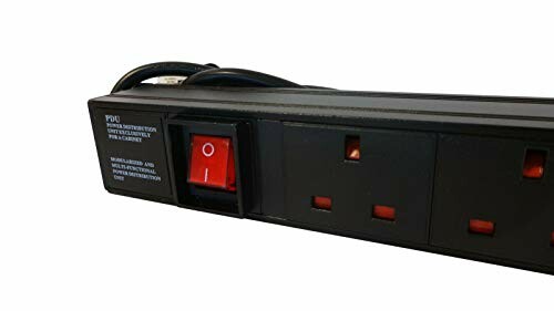 Black power strip with red switch and multiple outlets.