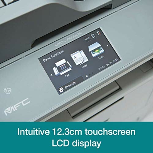 Close-up of a printer's intuitive 12.3cm touchscreen LCD display showing basic functions.