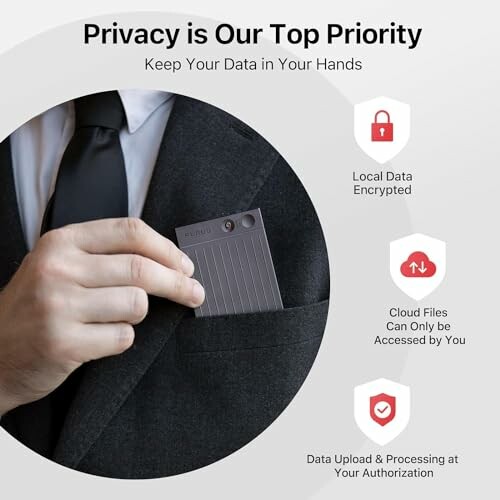 Man in suit holding encrypted data card with privacy priority features.