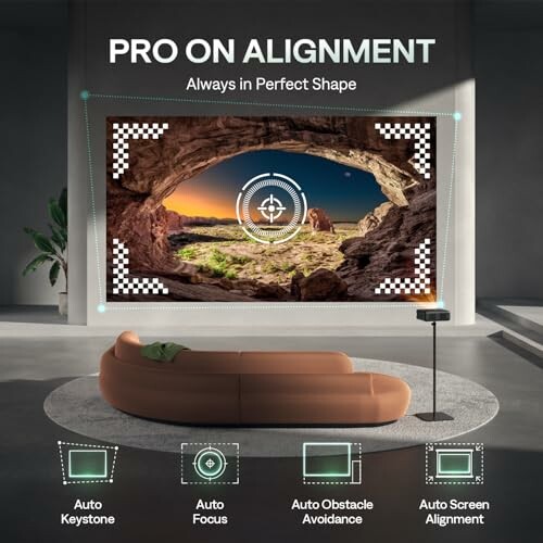 Projector with auto keystone, focus, obstacle avoidance, and screen alignment features.