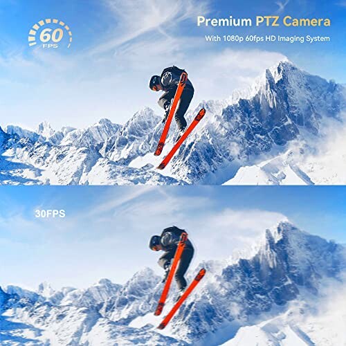 Comparison of skier captured at 60 FPS and 30 FPS with PTZ camera over snowy mountains.