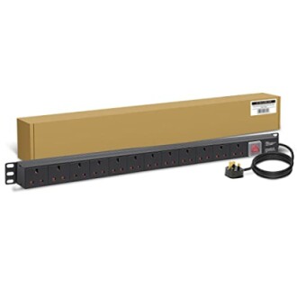 Rack mount power strip with multiple outlets and power cord.