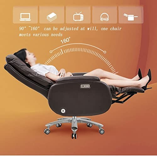 Woman reclining in an adjustable office chair with footrest.