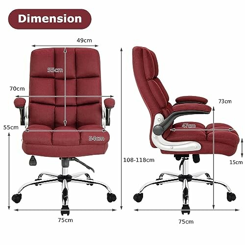 Red office chair with dimensions labeled in a diagram.