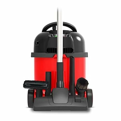 Red vacuum cleaner with attachments