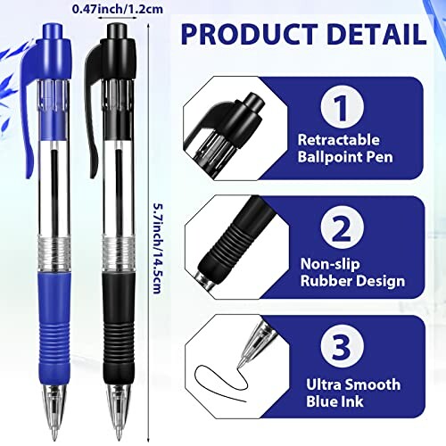 Product detail of retractable ballpoint pen with non-slip rubber design and ultra smooth blue ink.