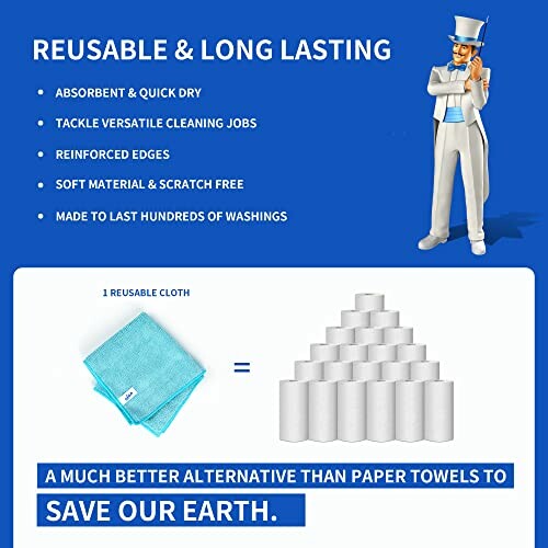 Reusable cloth compared to paper towels with benefits listed.