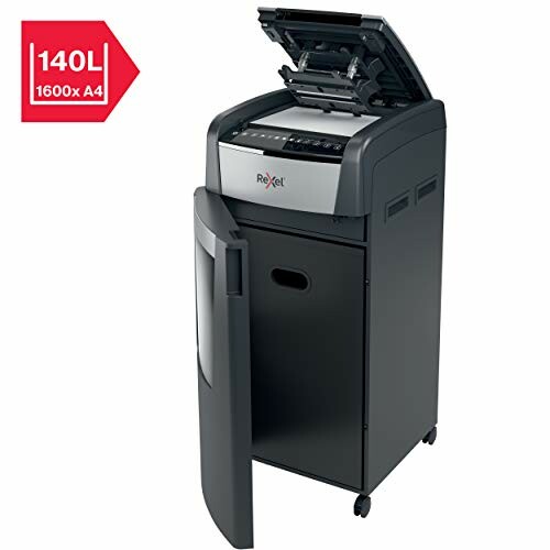 Rexel paper shredder with open lid and bin, 140L capacity.