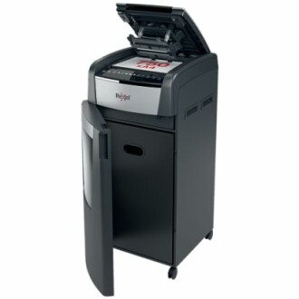 Rexel paper shredder with open door and paper inside