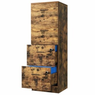 Rustic wooden filing cabinet with open drawers.