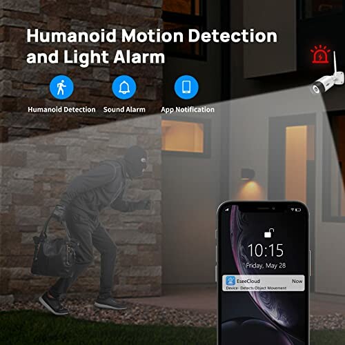 Security camera with motion detection alerting a smartphone.