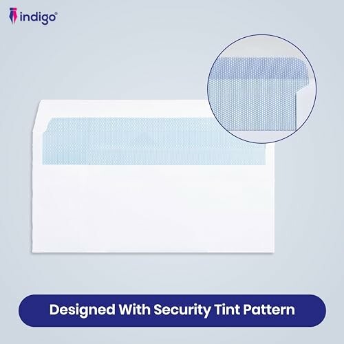 Envelope with security tint pattern and Indigo logo.